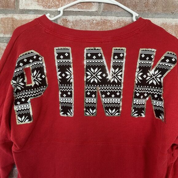PINK Victoria’s Secret Fair Isle Sequin Crewneck Sweatshirt Spirit Jersey Small - Picture 7 of 9